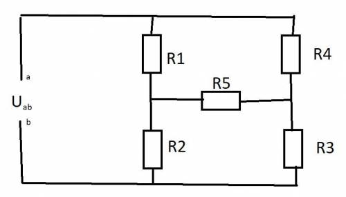 В приведенной схеме R1=R2=R3=R4=20 Ом, R5=6 Ом (см. рисунок). Напряжение между точками a и b U = 60